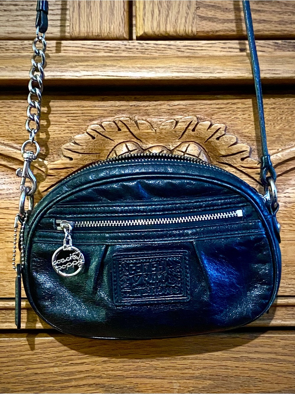 Coach Poppy Black Leather Small Crossbody with Chain Accent